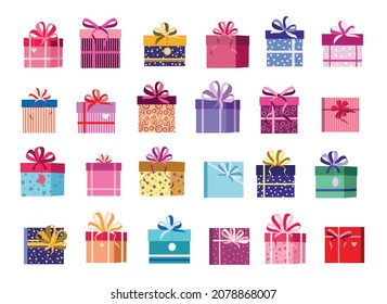 Set of Vector Illustration of Gift Boxes, Marry Christmas and Happy New Year. Hands holding gift boxes or colorful Shopping. Gift boxes set in flat style.