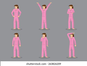 Set vector illustration of girl with ponytail wearing pink color pajamas in different gestures isolated on grey background.