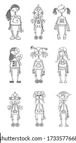 Set of Vector illustration - girl robot.
Cartoon isolated on a white background. Black outline Hand drawing coloring book for children and adults. Design for cards, flyers, brochures. EPS 8.