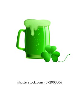 Set of vector illustration of a glass of beer and a clover leaf. Objects a glass of green beer, shamrock isolated St. Patrick's day. On a white background. 