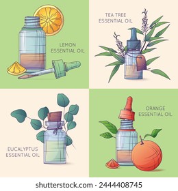 Conjunto de Ilustración vectorial de botellas de vidrio con aceites esenciales. Aceites de naranja, limón, eucalipto y árbol del té. Concepto de cosmética, perfumería y aromaterapia.