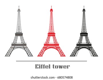 Set of vector illustration grey, red and black Eiffel tower isolated on white background