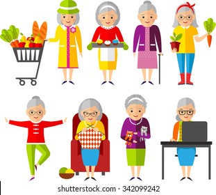 Set of vector Illustration a group of old woman in different situations.
Leisure time elderly : knitting, yoga, sports, cooking, gardener, buyer, the work at the computer.
