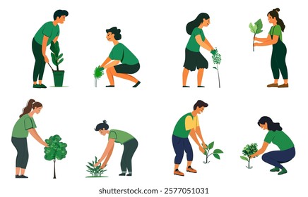 Set of vector Illustration of group of people planting a small tree in nature for the environment, plant a tree Arbor day