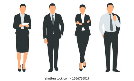 Set of vector illustration of a group of  successful and beautiful businesswomen and businessmen standing in a suit. Poster with text placeholder and description