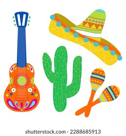 Set of vector illustration: guitar, sombrero, maracas, cactus. Festive isolated objects for Mexican national holiday and events decoration 