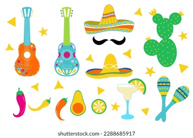 Set of vector illustration: guitar, sombrero, maracas. margarita and spices. Festive isolated objects for Mexican national holiday and cuisine decoration 