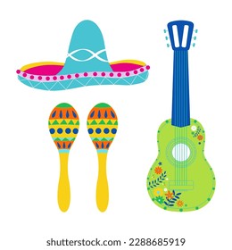 Set of vector illustration: guitar, sombrero, maracas, cactus. Festive isolated objects for Mexican national holiday and events decoration 
