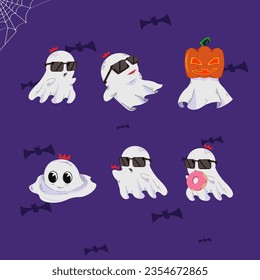 set vector illustration halloween ghost cute with glasses