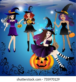 Set of vector and illustration of Halloween party girl group wearing fancy witch dress, isolated on blue sky and star night background