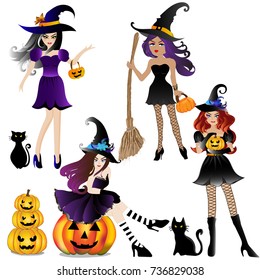 Set of vector and illustration of Halloween party girl group wearing fancy witch dress, isolated on white background, with black cat and pumpkin lantern