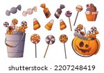 Set of vector illustration of Halloween sweets: candies, lollipops, cone, cupcake. Pumpkin basket with candies. Pail with sweets. Illustration for Halloween design and decoration.