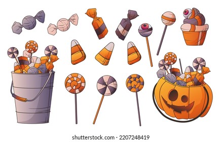 Conjunto de ilustraciones vectoriales de dulces de Halloween: caramelos, chupetes, conos, quequitos. Cesta de calabaza con caramelos. Salve con dulces. Ilustración para el diseño y decoración de Halloween.