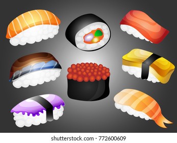 Set of vector and illustration hand drawing sushi and sashimi Japanese raw and healthy food isolated icon