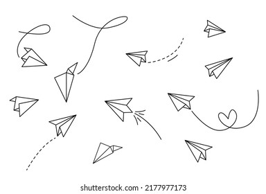 Set of vector illustration of hand drawn paper plane. Isolated. Outline. Hand drawn doodle airplane. Black linear paper plane icon.