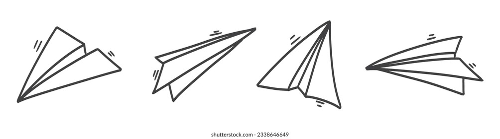 Conjunto de ilustraciones vectoriales del plano de papel dibujado a mano. Aislado. Avión de papel vector. Viaje, símbolo de ruta. Avión de doodle dibujado a mano.
