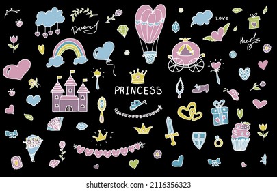 Set Vector Illustration Hand-Drawn Sketchy Fairy Tale Princess Tiara Crown Doodle Design Elements Set Vector Illustration. Cláusulas para invitación, anuncio, libro