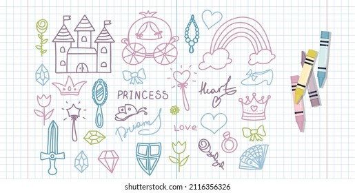Set Vector Illustration Hand-Drawn Sketchy Fairy Tale Princess Tiara Crown Doodle Design Elements Set Vector Illustration. Cliparts for invitation, ad, book