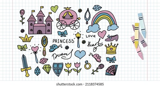 Set Vector Illustration Hand-Drawn Sketchy Fairy Tale Princess Tiara Crown Doodle Design Elements Set Vector Illustration. Cliparts for invitation, ad, book