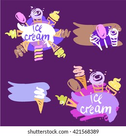 Set of vector illustration of hand-drawn sweets, ice cream on colorful background. Color image for a party, sweet shop, cafe, restaurant.