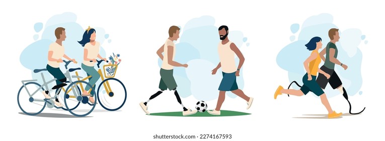 Set of vector illustration of a happy disabled man leads an active lifestyle and goes in for sports together with friends. Together they play football, ride a bike and run.