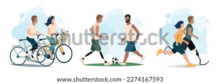 Set of vector illustration of a happy disabled man leads an active lifestyle and goes in for sports together with friends. Together they play football, ride a bike and run. Stok fotoğraf © 