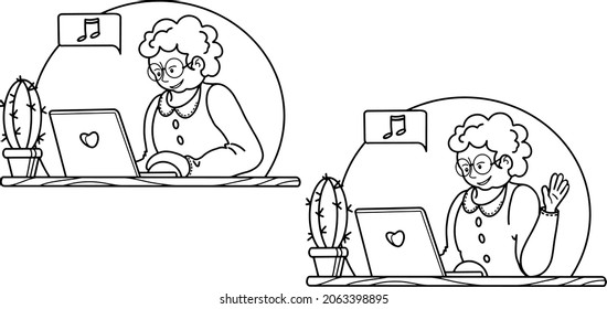 Set of Vector illustration. A happy grandmother is sitting at home at the computer, there is a cactus on the table, grandmother communicates with relatives, works on a laptop