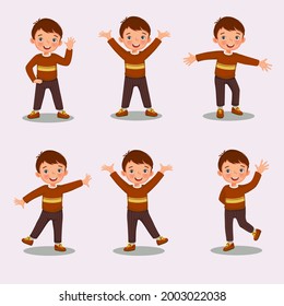 Conjunto de ilustración vectorial de un niño feliz con diferentes poses y diversos gestos de manos y posiciones de piernas como la mano sobre la cintura, ondeando la mano, parado con una pierna y levantando las manos.