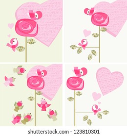 A set of Vector illustration Happy Valentine's Day with roses and birds 