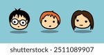 Set of vector illustration of Harry Potter, Ron Weasley and Hermione Granger, HP, Character of guys