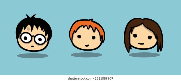 Set of vector illustration of Harry Potter, Ron Weasley and Hermione Granger, HP, Character of guys