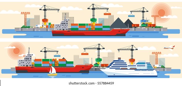 Set vector illustration header title transport website. Flat design For infographic port  crane transportation ship sea  background. Corporate business style Wide horizontal banner site image backdrop