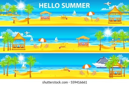 Set vector Illustration header title tourist website. Ship white cruise liner travel sea beach ocean palm island waves sun sky. Flat style design. Banner footer site background image picture backdrop