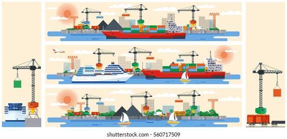 Set vector illustration header title transport website. Flat design For infographic port loading industrial crane cargo transportation ship  background. Corporate business style  banner image backdrop