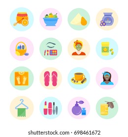 Set vector illustration of health and beauty. Flat elements with color round backdrops on white background.
