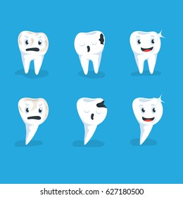 Set vector illustration healthy and caries human teeth blue background. Dental tooth. Crooked teeth. Human tooth. Cheerful and sad tooth. Character smiling and sad teeth on blue background