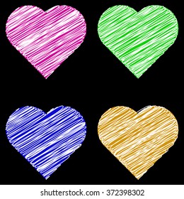 Set Vector illustration Heart icon. Scratch heart on black