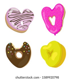 set of vector illustration with heart shaped donuts.  Sweet treat. cartoon style. chocolate, glazed donut.