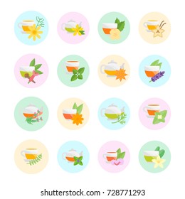 Set vector illustration of herbal tea. Flat elements on white background.