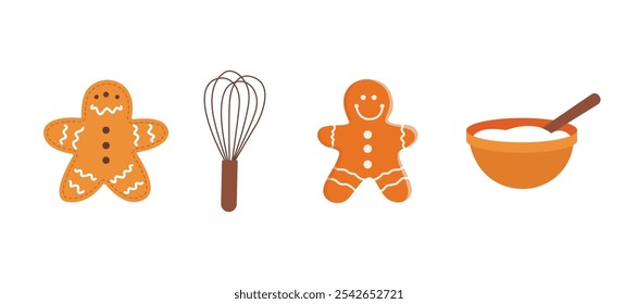 set of vector illustration of holiday baking icons featuring gingerbread cookie, whisk and mixing bowl on a solid white background