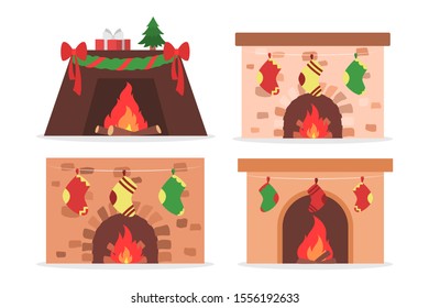 Set of vector illustration of home fireplace with festive traditional decoration. Christmas classic house decor with sock and red bow.