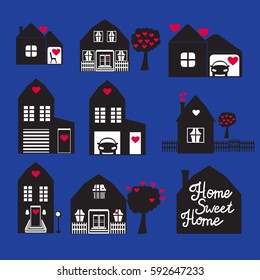 Set Vector illustration. Home Sweet Home. Building of private houses on the street. Black silhouette isolated dark blue background. 