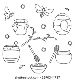 set vector illustration, honey and bees, bee hive, a barrel of honey, honey apiary, doodle and sketch 