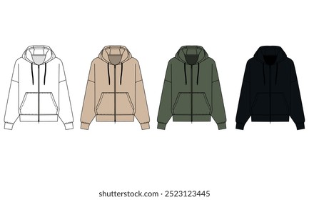 Conjunto de Ilustración vectorial de sudadera con capucha en colores blanco, beige, verde y negro. Sketch sudadera con capucha con cremallera sobre fondo blanco. Dibujo de sudadera con capucha y capucha con cremallera, Vector.