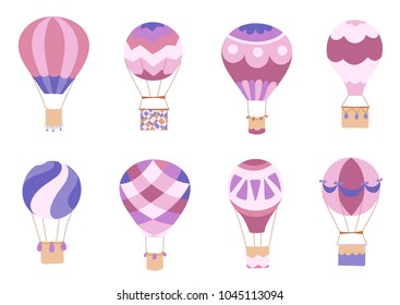 Set of vector illustration of hot air balloon. Collection of isolated flat cartoon air balloons. Hand drawn. Drawing for print, card, flyer, fabric, textile, poster. 