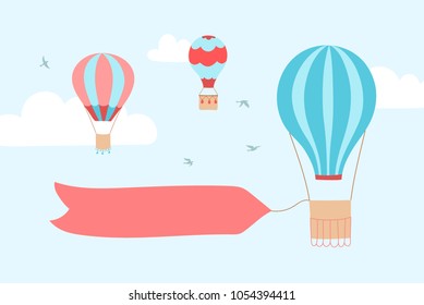 Set of vector illustration of hot air balloon on blue sky with clouds, birds. Collection of isolated flat cartoon air balloons. Hand drawn. Drawing for print, card, flyer, fabric, poster. 