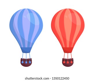 Set of vector illustration of hot air balloon with passengers.  Flat cartoon design. Drawing for print, card, flyer, fabric, textile, poster.
