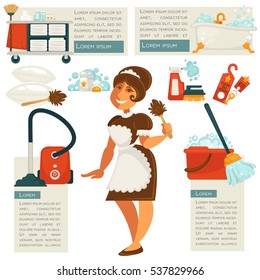 Set of vector illustration with housemaid and cleaning supplies and household equipment tools. Maid in uniform with spray, bucket and broom, vacuum and detergent. Cleaner service design elements.