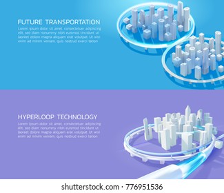 a set of vector illustration of the Hyperloop tube heads towards the city concepts for the Hyperloop technology, future transportation, fastest train, futuristic high-speed transport.