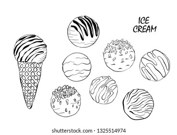 Set of vector illustration ice cream. Sketching hand drawn style. Waffle and ice cream balls. 